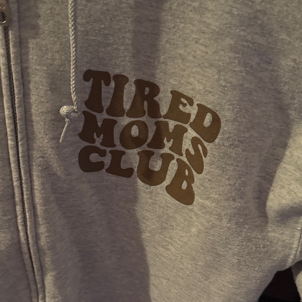 Gildan Heavy Blend Light Gray Hoodie with Tired Moms Club logo - Picture 3 of 4